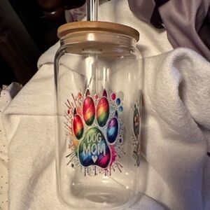Colorful Paw Print Glass Jar with Straw